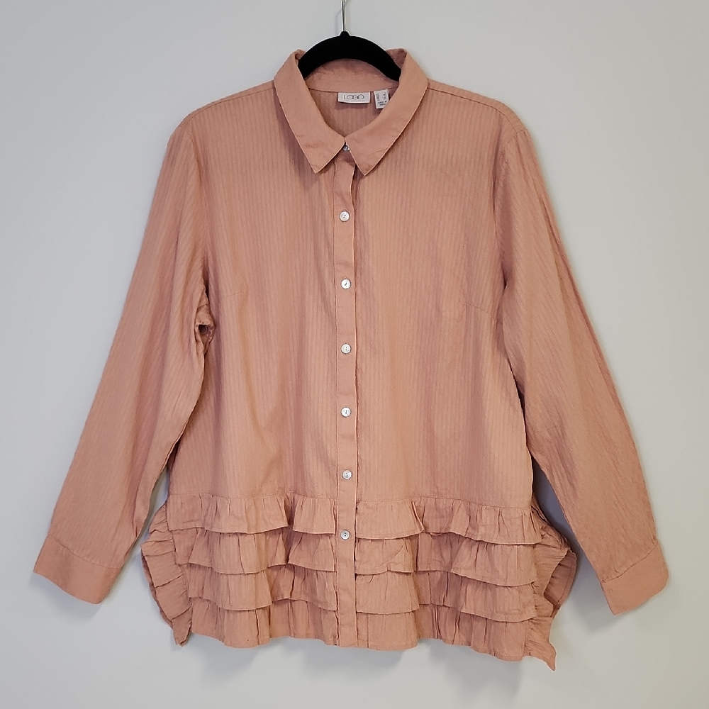 LOGO by Lori Goldstein Textured Button Front Blouse Tea Rose L